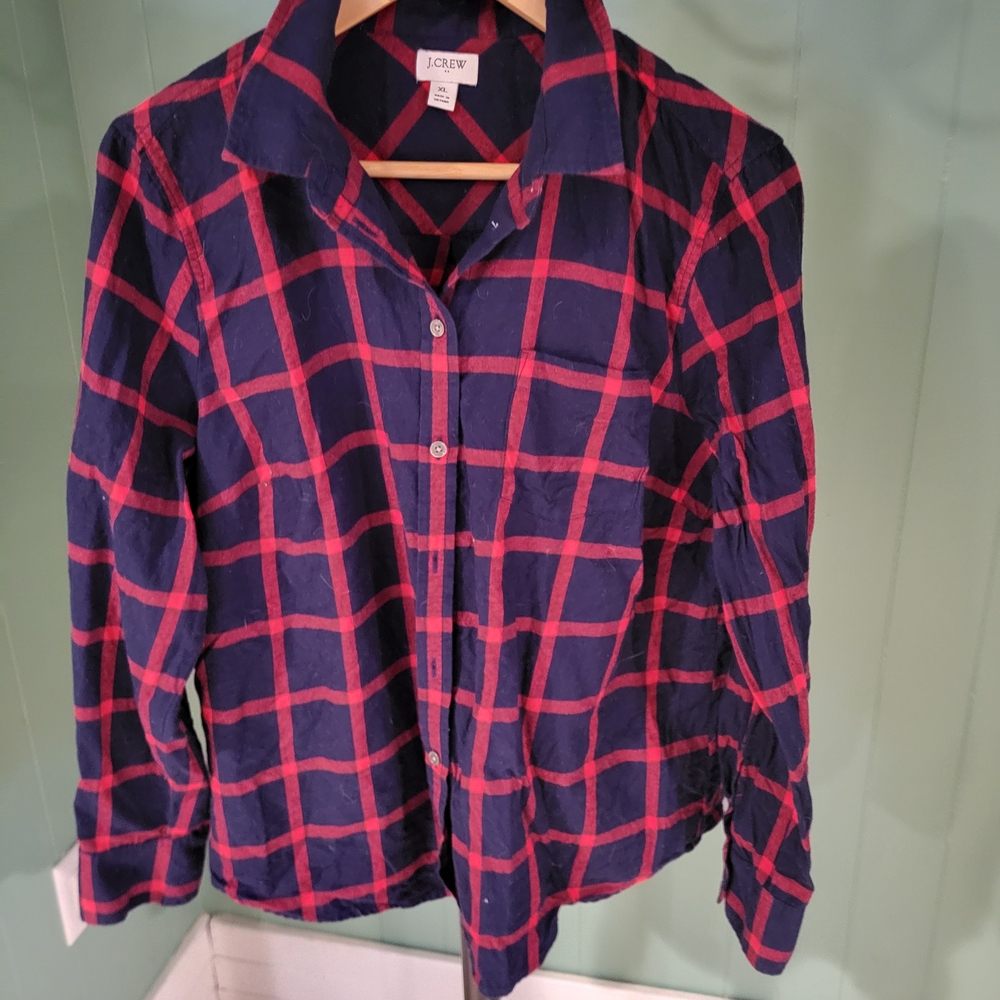 Red and Navy Cotton Flannel Plaid Shirt, J. Crew, XL